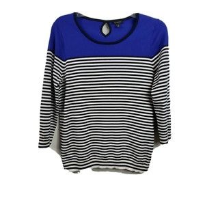 Talbots med blue top black white striped 3/4 sleeve scoop neck keyhole-back top